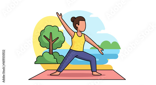 Woman practicing yoga outdoors near a lake, perfect for wellness websites or brochures.