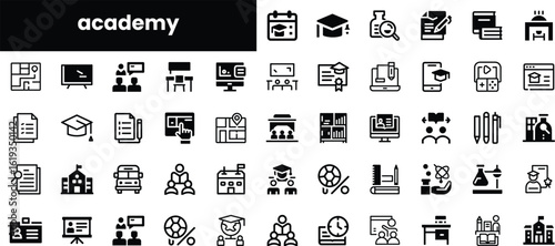 A collection of educational icons, featuring tools like books, graduation caps, and laboratory equipment, showcasing various aspects of learning and academia.