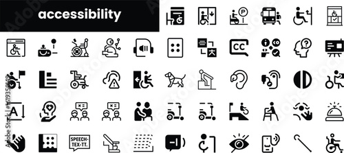A collection of black and white accessibility icons, showcasing diverse symbols for various needs, promoting inclusivity and awareness across different settings.