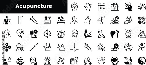 A diverse collection of acupuncture-related icons, featuring treatment methods, acupuncture points, and wellness symbols in a minimalist black and white design.