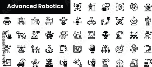 A diverse collection of black icons representing advanced robotics concepts, featuring humanoid robots, automated machinery, and intelligent systems, showcasing innovation and technology.