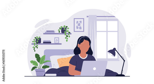 Woman working on laptop in bed, perfect for articles about remote work, work-life balance, or online education.