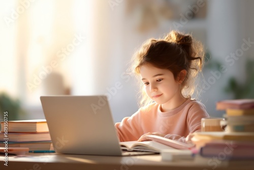 A young girl studies attentively at a desk with a laptop and books in a softly lit room.