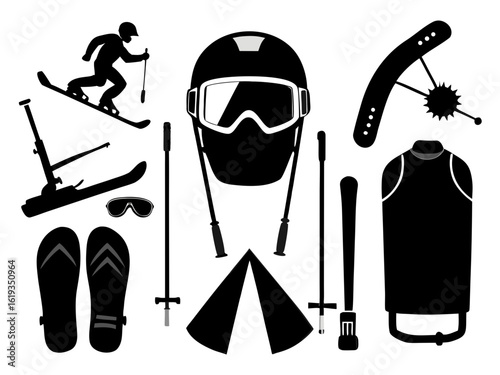 Winter sports equipment snowboarder, ski poles, sled, ice skate, snowmobile, helmet, and snow goggles black vector silhouette on white background