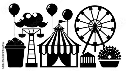 Carnival amusement silhouettes Ferris wheel, cotton candy, clown, roller coaster, bumper car, popcorn box, and balloon black vector silhouette on white background
