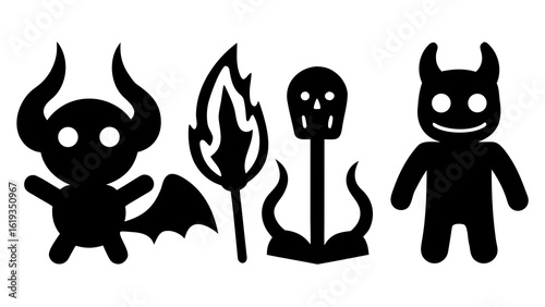 Underworld creatures horned demon, fire skull, serpentine tail, shadowy figure, flaming pitchfork, skeletal wings, and cursed book black vector silhouette on white background