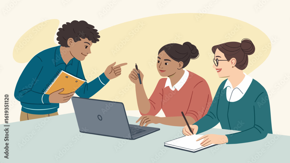 Diverse team brainstorming ideas around a laptop, perfect for business websites or marketing materials. Diverse team brainstorming ideas around a laptop, perfect for business websites or marketing materials.