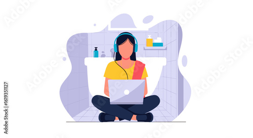 Woman working on laptop in bathroom, perfect for blog posts about remote work or work-life balance.