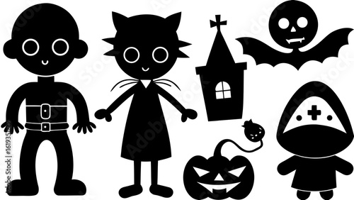 Halloween characters vampire with cape, mummy walking, witch with broom, Frankenstein monster, jack-o’-lantern, black cat, and graveyard gate black vector silhouette on white background (2)