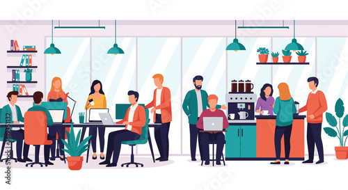 Diverse team of coworkers collaborating in a modern, bright office space. Ideal for website banners, presentations, or brochures showcasing teamwork and productivity.