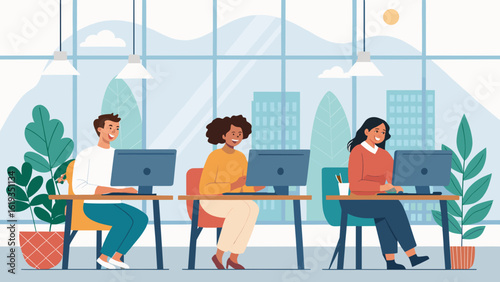 Diverse team of coworkers working on computers in a modern office, perfect for illustrating teamwork and collaboration.