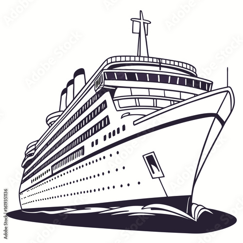 Stylized illustration of a large white cruise ship sailing through dark blue water