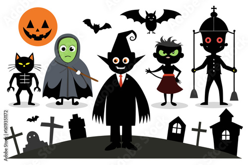 Halloween characters vampire with cape, mummy walking, witch with broom, Frankenstein monster, jack-o’-lantern, black cat, and graveyard gate black vector silhouette on white background (1)