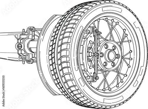 Detailed Line Art Depiction of a Car Wheel and Axle Assembly, Technical Illustration
