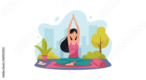Woman practicing yoga outdoors in a city park, perfect for wellness websites or brochures.