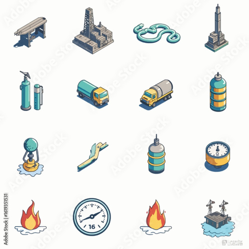 A set of modern industry-themed vector icons, covering manufacturing, logistics, machinery, production, energy, and factory technology