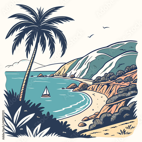 Stylized illustration of a tropical beach with a palm tree calm ocean and distant mountains