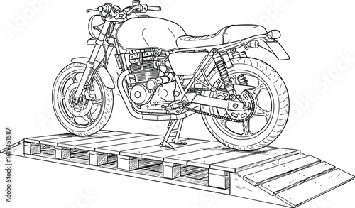 Detailed line art illustration of a classic motorcycle on a wooden pallet platform