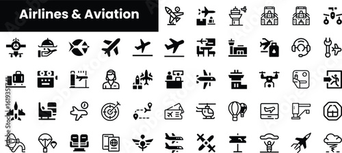 A diverse collection of black and white icons representing airlines and aviation, featuring planes, airports, tools, and flight-related symbols.
