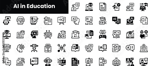 A collection of minimalist icons representing the integration of AI in education, showcasing various concepts related to learning and technology in a graphic style.