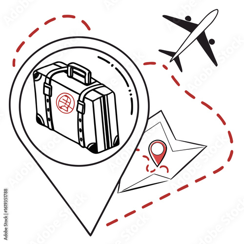 Travel concept with airplane suitcase map pin and dotted route