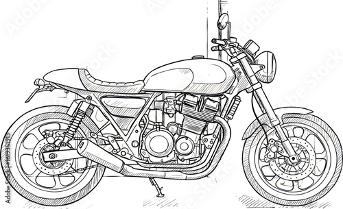 Detailed line art illustration of a classic cafe racer motorcycle design