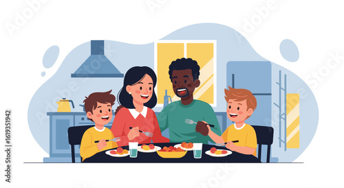 Happy family enjoying a meal together at home. Perfect for family, food, and lifestyle blogs or websites.