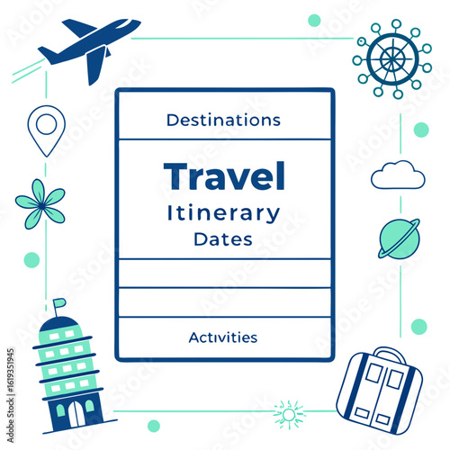 Travel itinerary planner with destinations and activities icons for vacation planning