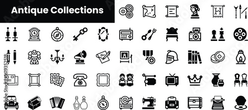 A diverse collection of antique icons featuring clocks, typewriters, and collectibles, evoking nostalgia and history in a timeless design.