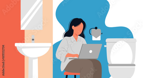 Woman working on laptop in bathroom - Illustration for blog, article, or website.