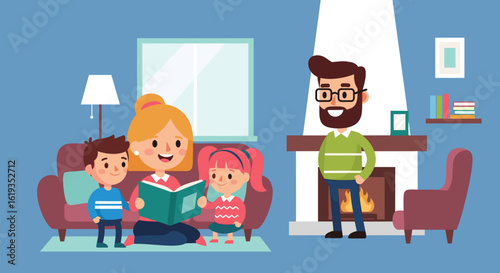 Happy family reading a book together by the fireplace. Perfect for family blogs, websites, or children's books.
