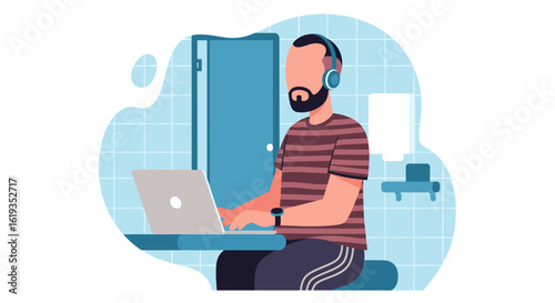 Man working on laptop in bathroom, perfect for articles on remote work, work-life balance, or flexible schedules.