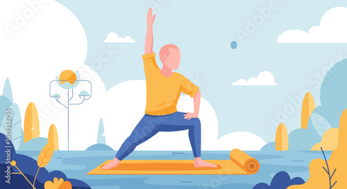 Man doing yoga outdoors, vector illustration perfect for wellness websites or brochures.