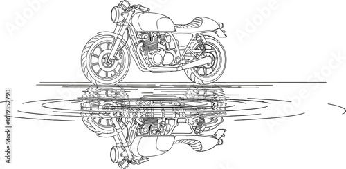 Detailed line art of a classic motorcycle with its reflection in water ripples