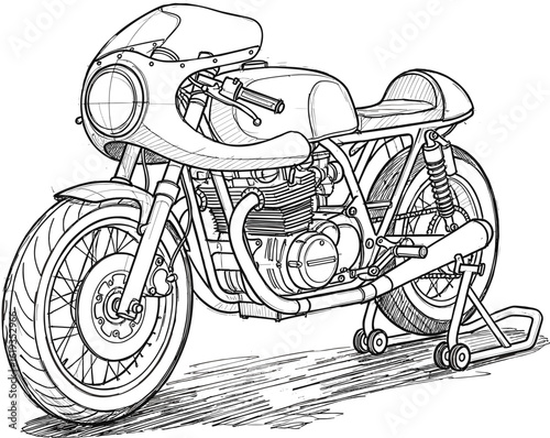 Detailed line drawing of a classic cafe racer motorcycle design with visible engine details