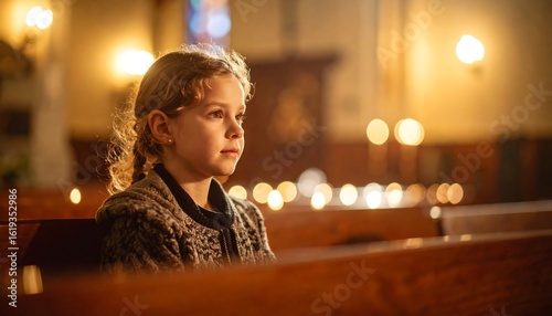 Young girl in a church, contemplative