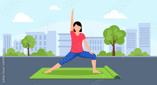 Woman doing yoga outdoors in the city. Perfect for health, fitness, and wellness websites or brochures.