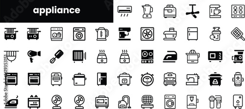 A collection of black and white icons representing various home appliances, including kitchen tools, washing machines, and heating devices, arranged in an organized grid layout.