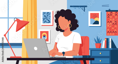 Woman working from home on laptop, perfect for remote work, freelance, and productivity website illustrations.