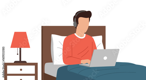 Man working on laptop in bed, perfect for articles about remote work, work-life balance, or freelancing.