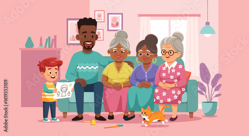 Multigenerational family enjoying time together at home; perfect for family, togetherness, and generational themes.