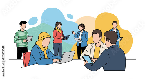 Diverse team collaborating on project, using laptops and tablets. Ideal for website banners or presentations on teamwork.