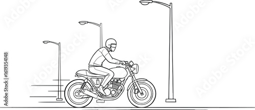 Sketch illustration of a man riding a motorcycle on a city street with streetlights