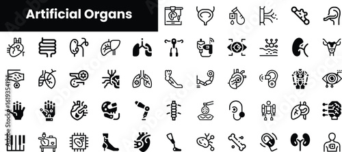 A collection of black and white icons representing various artificial organs and prosthetics, showcasing innovation in medical technology and design.