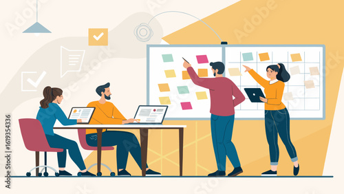 Team brainstorming session with sticky notes on whiteboard. Perfect for project management, teamwork, and collaboration landing pages.