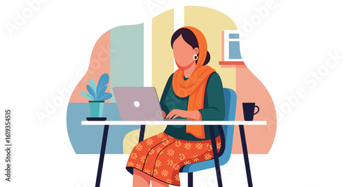 Woman working on laptop at home, perfect for websites, blogs, and articles about remote work, freelancing, or women in technology.