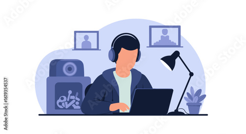 Person working from home on laptop, wearing headphones, perfect for remote work or online communication landing pages.