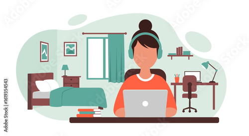 Young woman working from home on laptop, illustration perfect for blogs, websites, and articles about remote work.