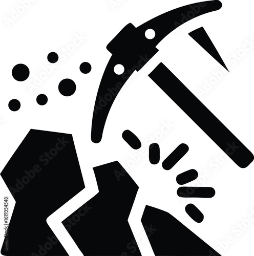 Mining pickaxe breaking rock icon