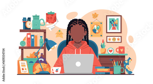 Young woman working from home on laptop, illustration perfect for blog posts about remote work or freelancing.
